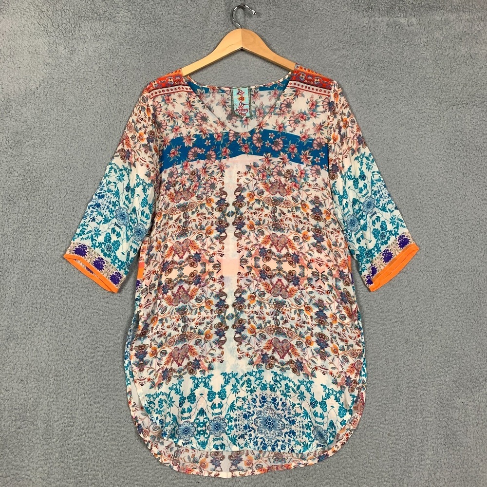 Johnny Was Tunic Top Women's Small Multicolor Floral Cupro Round Hem Blouse Boho